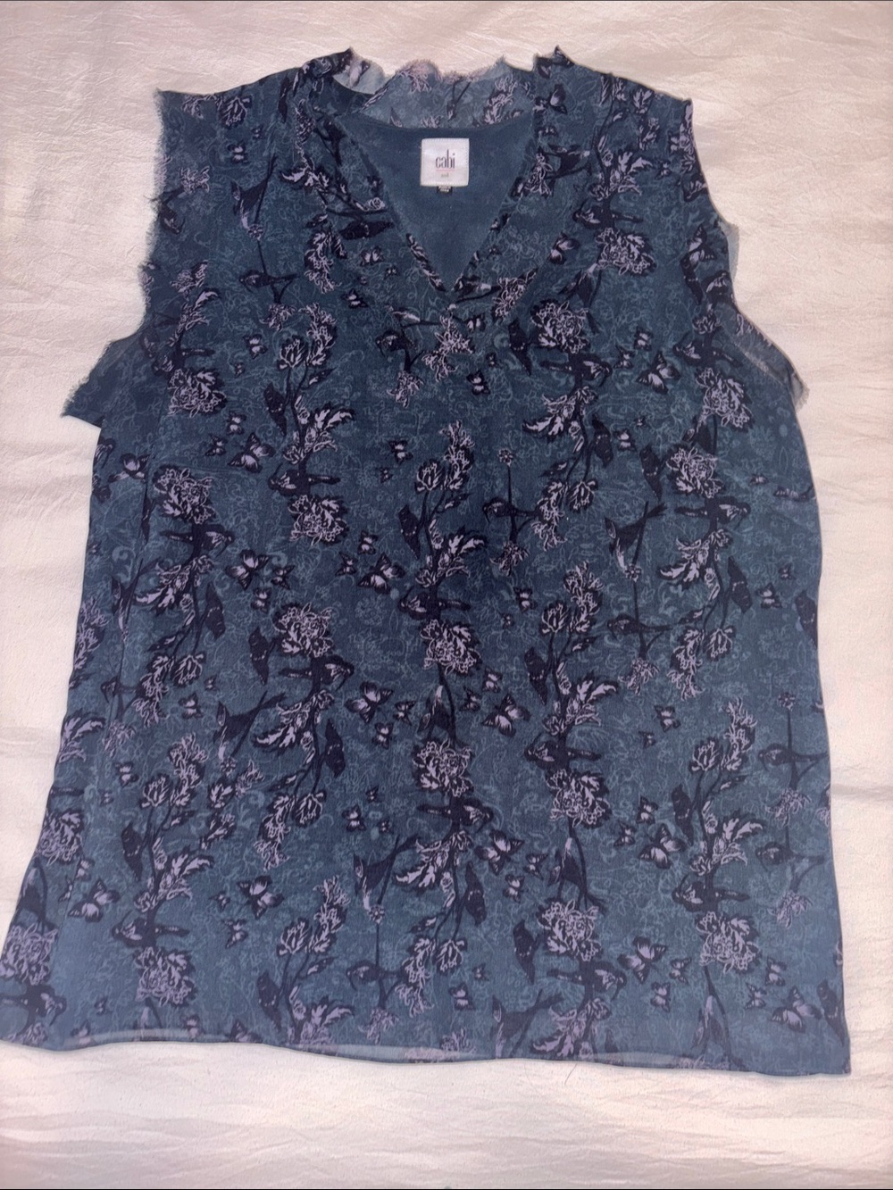CAbi Teal Floral V-Neck Sleeveless Top